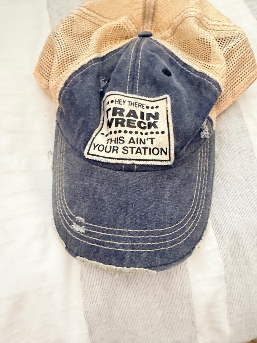 Trainwreck Patch Distressed Mesh Trucker Hat - Navy & Tan